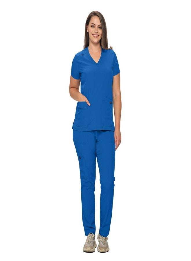 MONARCH UNIFORMS طقم ملابس طبية من مونارك يونيفورمز، متوفر بمقاسات عادية وصغيرة، مصنوع من قماش مطاطي، يتكون من بلوزة وبنطال طبيين - (أزرق ملكي) - مقاس صغير - Image 2